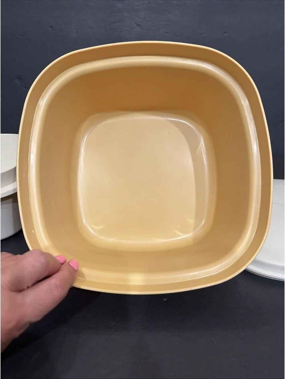 Vintage Tupperware Square Microwave Steamer 3 Pc Set Harvest Gold 9” W X 4.75” H